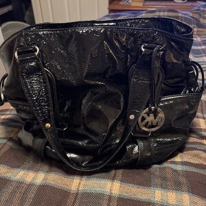 EUC Michael Kors Black Patent Leather Shoulder Bag with MK Charm